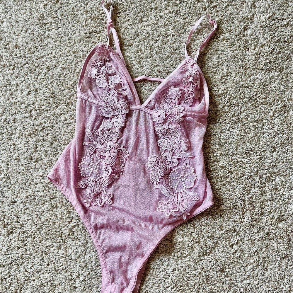 Handmade handsewn pink lace and mesh body suit